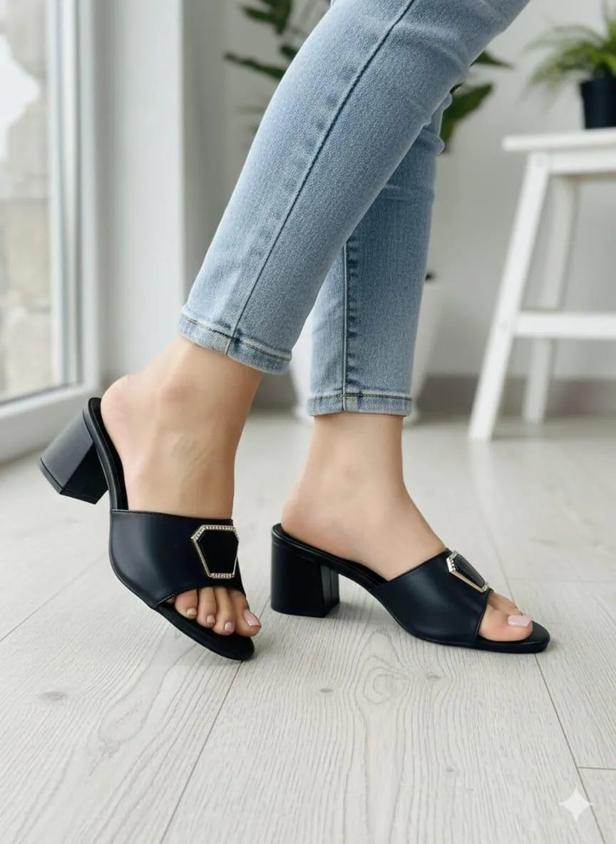 Black Block Heels with Hexagonal Buckle for Women